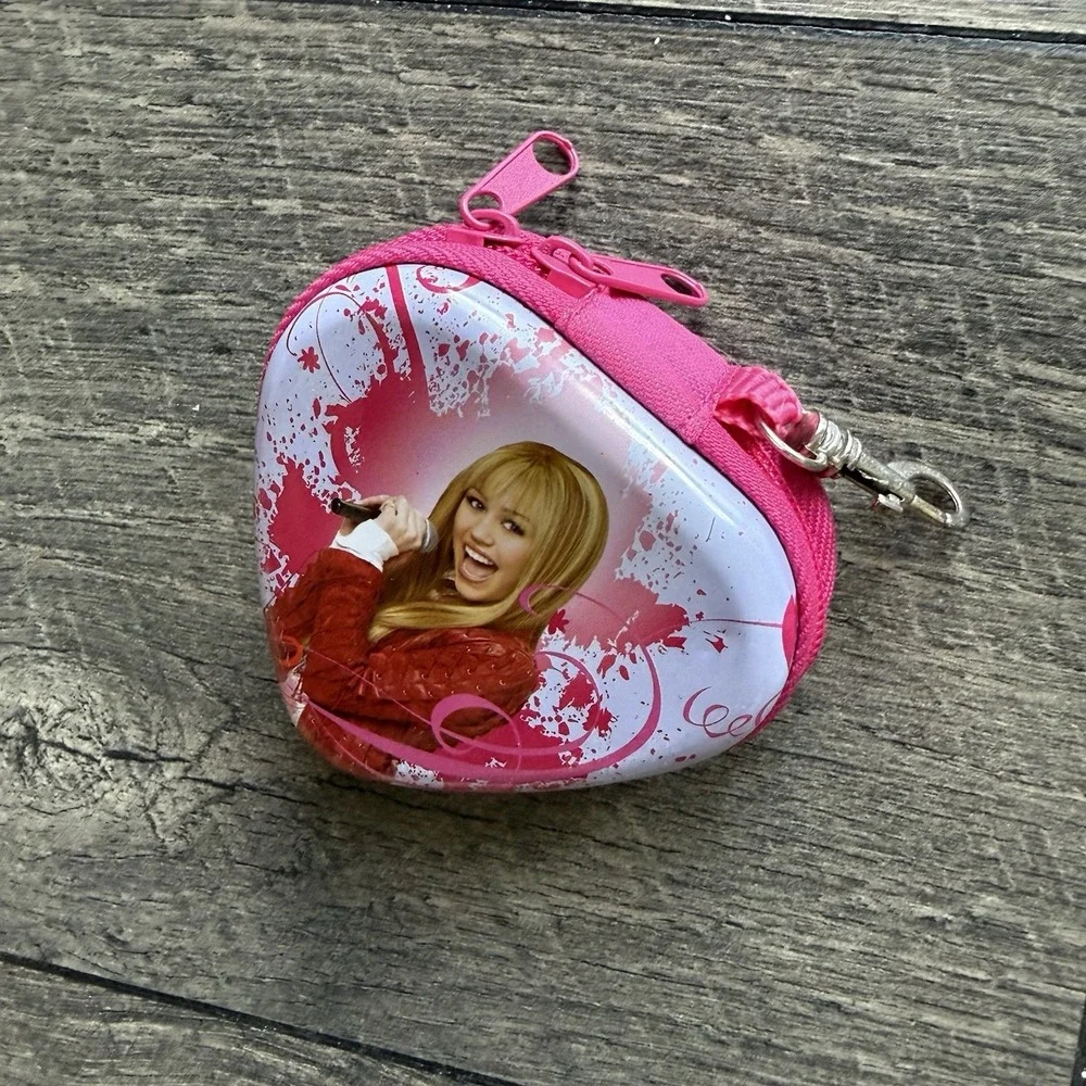 VTG Disney Hannah Montana Heart Shaped Coin Purse Keychain Pink Zip Wallet Pouch